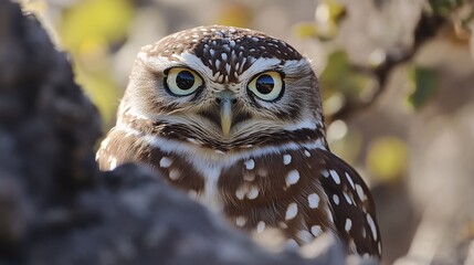 Obraz premium Majestic Owl with Piercing Gaze - Close-up Portrait of Stunning Bird with Large Bright Eyes Staring at Camera