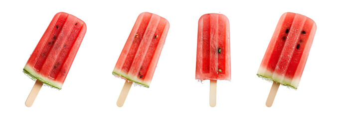 Set of A refreshing watermelon popsicle with melting ice isolated on transparent background, in PNG format, cut out