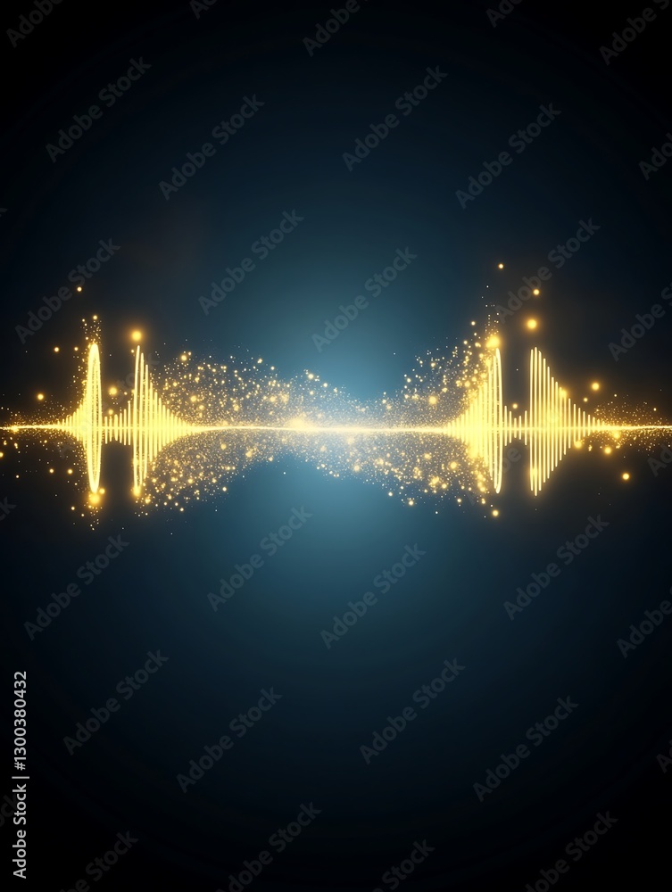 Poster sparkling audio wave representation with vibrant golden particle flow