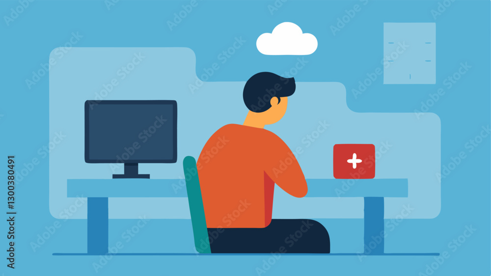 Aufkleber virtual connection a person at a desk visibly distressed looking at a computer screen that shows an 