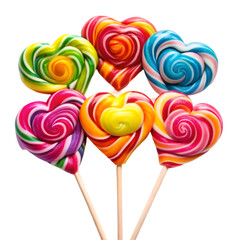 Colourful heart shaped  lollypops on white background