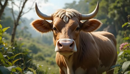 Fototapeta premium Cow Standing in Lush Green Meadow with a Gentle Sunlight