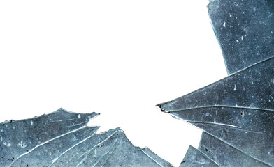 Broken glass on white background. Shattered glass shards, broken window, isolated on white background, sharp, broken, cracks on glass. Broken glass texture, isolated cracks on white background.
