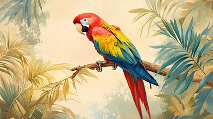 Fototapeta premium Vibrant Parrot Perched on Tropical Branch with Wings Slightly Open