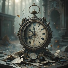Obraz premium Time's Relic: An aged pocket watch, encased in intricate detail, broken and weathered, standing in a haunting overgrown scenery, hinting at the passage of time. Ai generated image