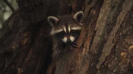 Obraz premium Curious Baby Raccoon Peeking Behind Tree Trunk with Tiny Paws Gripping Bark