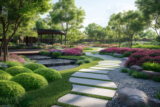 Photographie immobili&egrave;re d&rsquo;un jardin de maison moderne bien entretenu avec haies structur&eacute;es, petits bassins d&rsquo;eau et chemins en pierre minimalistes. rendu 3D, HDR, id&eacute;es d&eacute;co et am&eacute;nagement tendance.