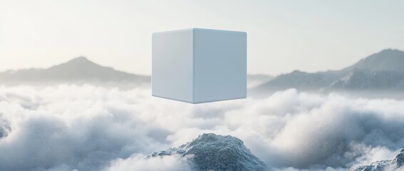 Floating white cube over snowy island surrounded by mist and blurred mountains in a minimalist 3D rendering