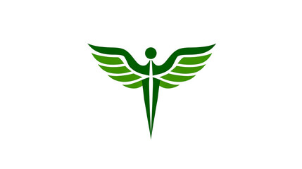 A green caduceus symbol on a white background