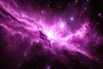 Naklejka premium Vibrant cosmic nebula in shades of purple, with swirling gas clouds and distant stars in a dark space