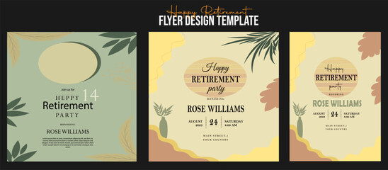 Set of retirement party invitation, square banner, instagram story and a4 poster, vector illustration Retirement Flyer Design Template. Retirement Party Invitation Layout, square banner, and a4 poster