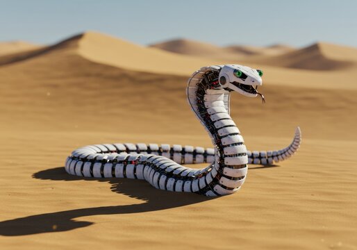 Robotic snake with sensors slithers through a desert dune.
