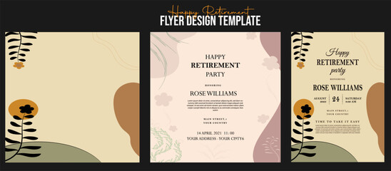 Set of retirement party invitation, square banner, instagram story and a4 poster, vector illustration Retirement Flyer Design Template. Retirement Party Invitation Layout, square banner, and a4 poster