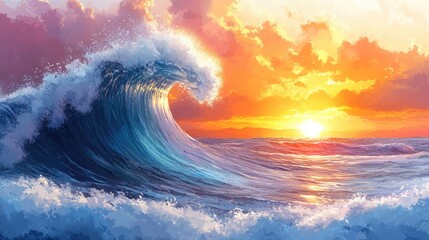 Dramatic ocean wave sunset landscape. Possible use stock photo