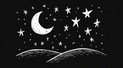 Fototapeta premium Crescent Moon and Stars Over Rolling Hills Night Sky Illustration