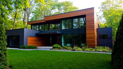 A modern house in the middle of a lush green yard