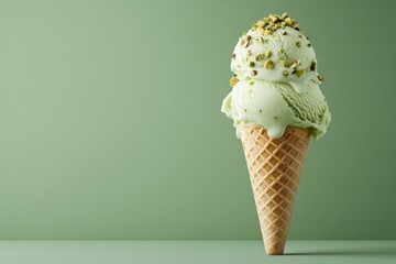 A side angle of a pistachio ice cream scoop in a sugar cone, adorned with chopped pistachios and a white chocolate drizzle, against a muted green backdrop.
