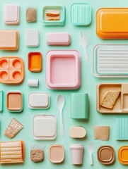 A diverse array of stylish food containers arranged on a pastel background, perfect for eco-friendly packaging design.