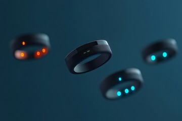 Floating futuristic wireless chargers levitating mid-air in dark environment with glowing LED indicators and sleek design