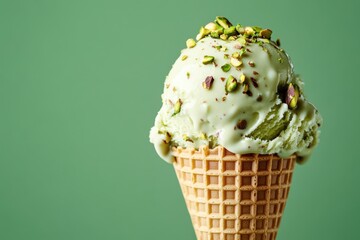 A side angle of a pistachio ice cream scoop in a sugar cone, adorned with chopped pistachios and a white chocolate drizzle, against a muted green backdrop.