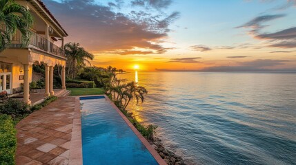 Fototapeta premium A stunning oceanfront property with a breathtaking sunset view, perfect for real estate listings, paradise, view