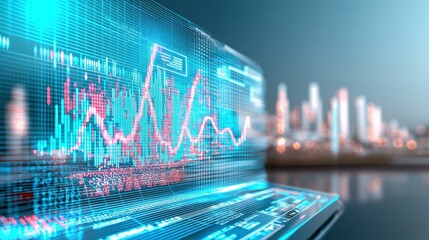 Business and Future Trends - A futuristic city skyline with holographic business graphs and AI-driven analytics, symbolizing innovation and economic growth.