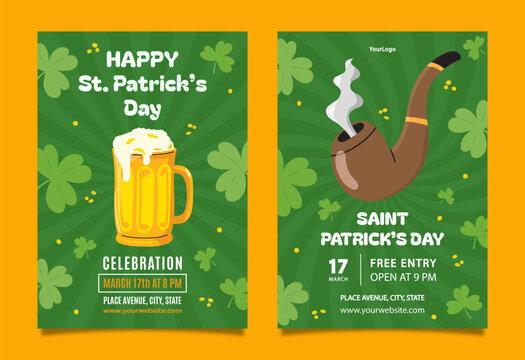 St. Patrick's day celebration poster and flyer template with beer mug and smoking pipe irish festival party invitation