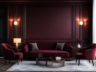 Luxurious Burgundy Sofa in an Art Deco Living Room with Maroon Paneling.