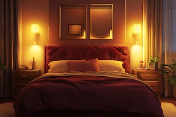 Luxurious Maroon Velvet Bed in Elegant Minimalist Bedroom Interior