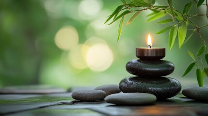 Obraz premium Zen Garden Serenity, Candlelight and Stacked Stones