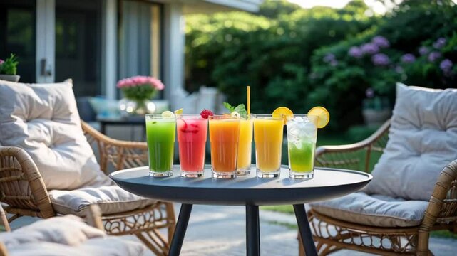 different cocktails in glasses on the table, comfortable rattan chairs, seating area against the backdrop of the house

