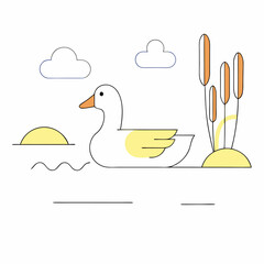 Minimalist White Goose Sunset Lake Illustration - Pastel Colors, Simple Lines.
