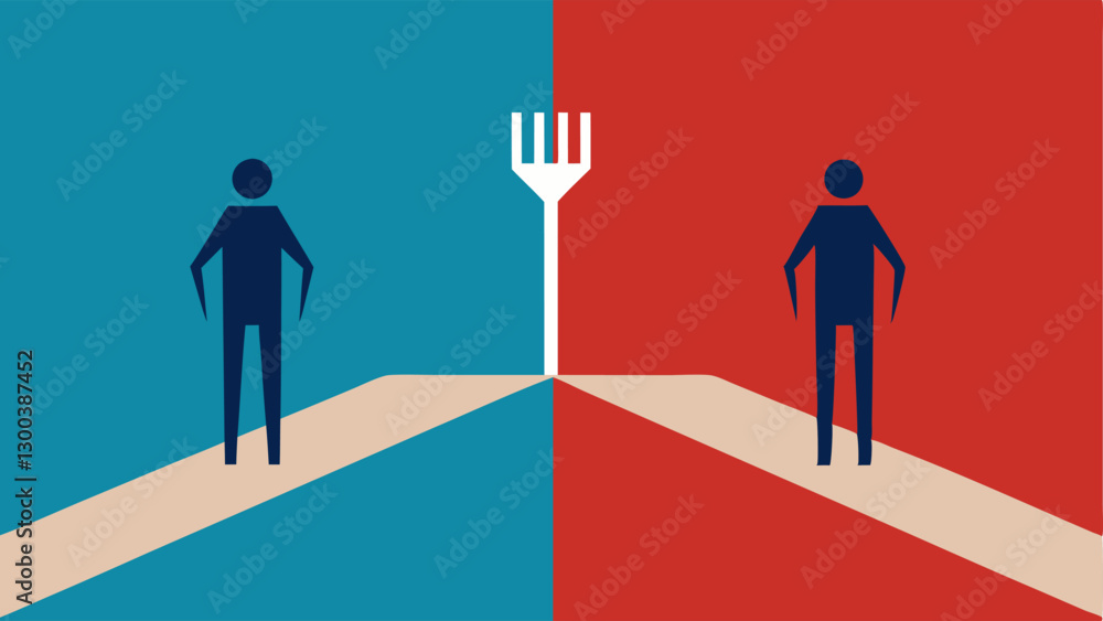 Poster two roads diverging a fork in the road with one path marked left and the other right. people standin