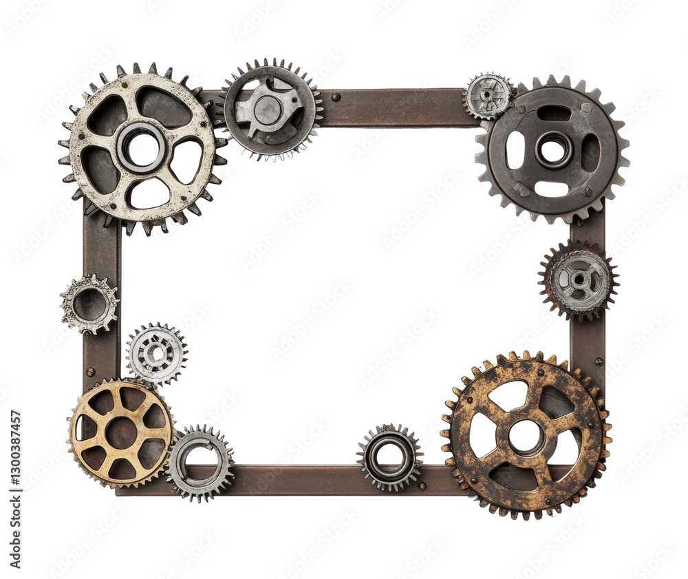Poster gears and mechanical elements create a decorative frame design suitable for various projects and occ