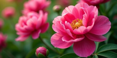 Close up of vibrant coral peony flowers in full bloom, petals, coral