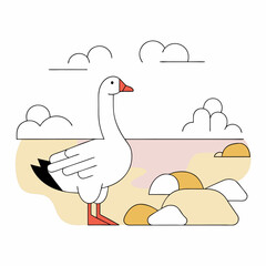 Cute White Goose Lakeside Illustration - Minimalist Line Art Graphic.