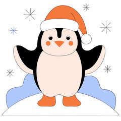 Cute Christmas Penguin Illustration - Minimalist Vector Graphic, Orange Hat.