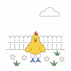 Cute Yellow Chick in Garden - Springtime Illustration - Simple Line Art.