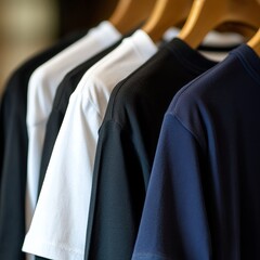 T-Shirt Collection on Display: A row of neatly arranged t-shirts in various colors hangs on wooden hangers, showcasing their texture and style. 
