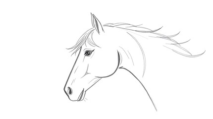 Horse Head Drawing Outline with Flowing Mane on White Background