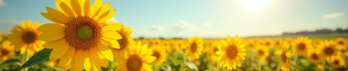 Close-up of vibrant sunflowers in a field under a sunny sky, sky, vibrant © Tanapong