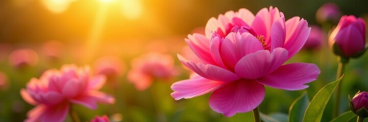 Close-up of vibrant pink peony flowers under golden sunlight, garden, sunlight