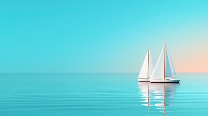 Fototapeta premium Two White Sailboats on Calm Turquoise Sea at Sunrise