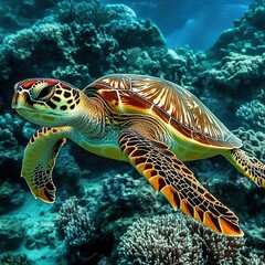 Obraz premium Sea Turtle Swimming Underwater with Sunlight Rays. Beautiful Marine Turtle Gliding Through a Colorful Coral Reef and Tropical Fish. Graceful Sea Turtle Exploring Vibrant Ocean Life
