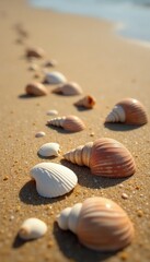 Close-up of seashells scattered on warm sandy shore, summer, background