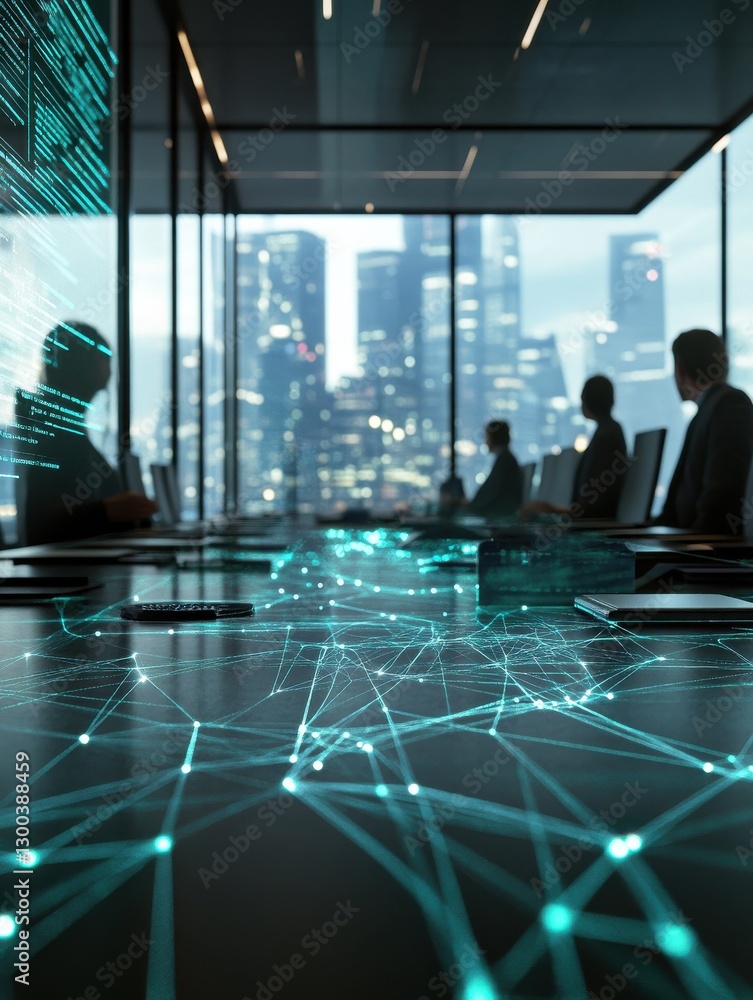 Aufkleber business presentation in a conference room with a digital network overlay of glowing lines represent
