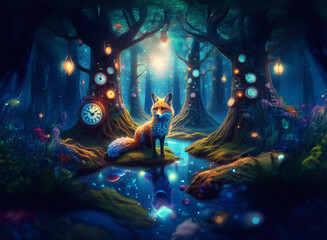 Naklejka premium Fox sits in a magical forest with a dark background. Enchanting glow lights illuminate trees and water in this fantasy scene.
