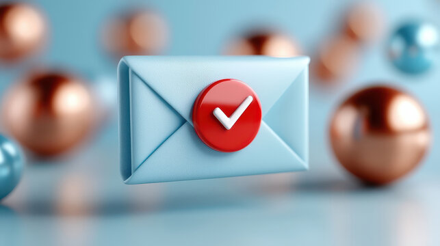 light blue envelope with red notification icon featuring white check mark is surrounded by floating spheres. background is soft blue, creating modern and digital feel