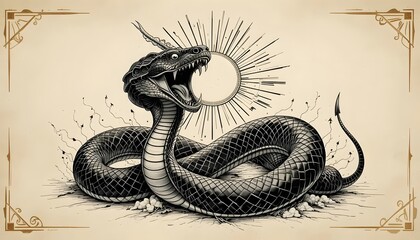 Intricate Snake Illustration with Open Mouth and Sunburst Design