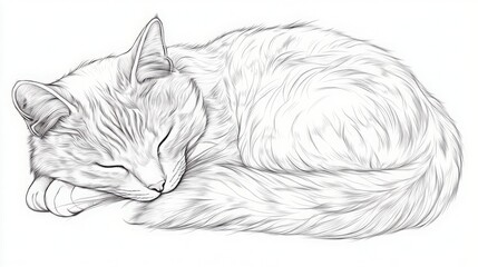 Dreamy feline slumber illustration, peaceful resting kitty in grayscale outline
